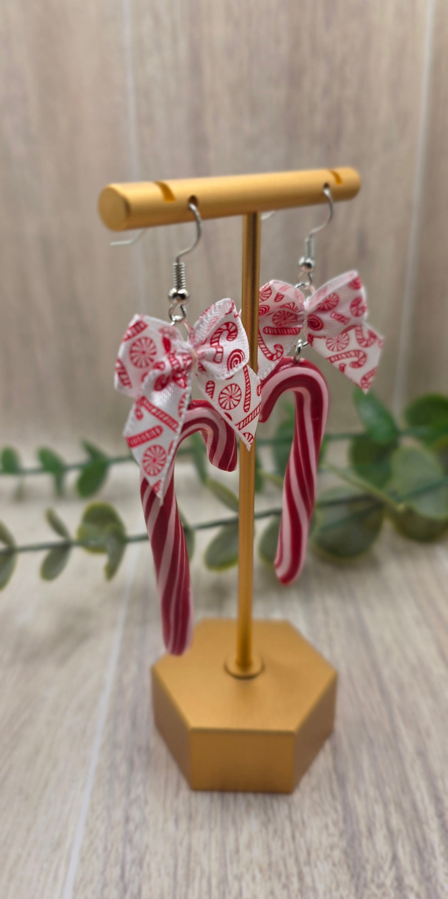 Candy Cane Bow Christmas Dangle Earrings