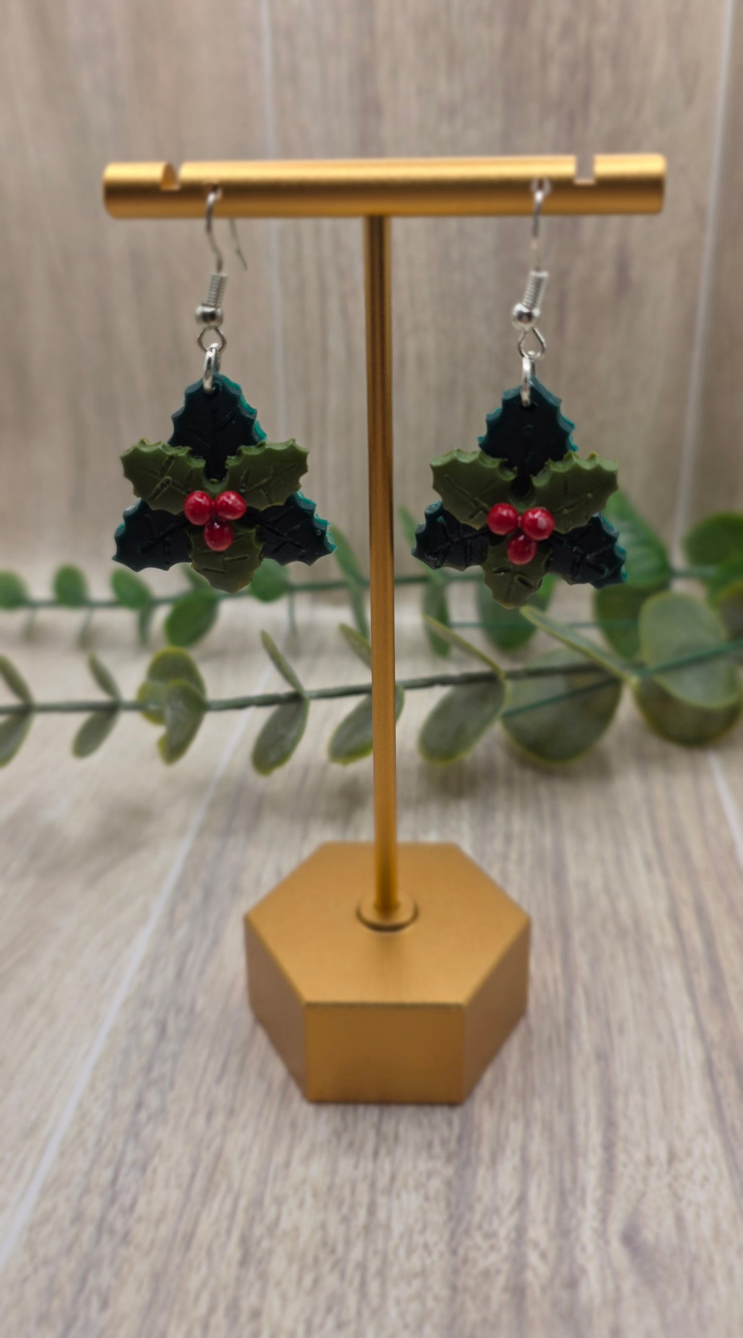 Holly Leaves & Berries Christmas Dangle Earrings