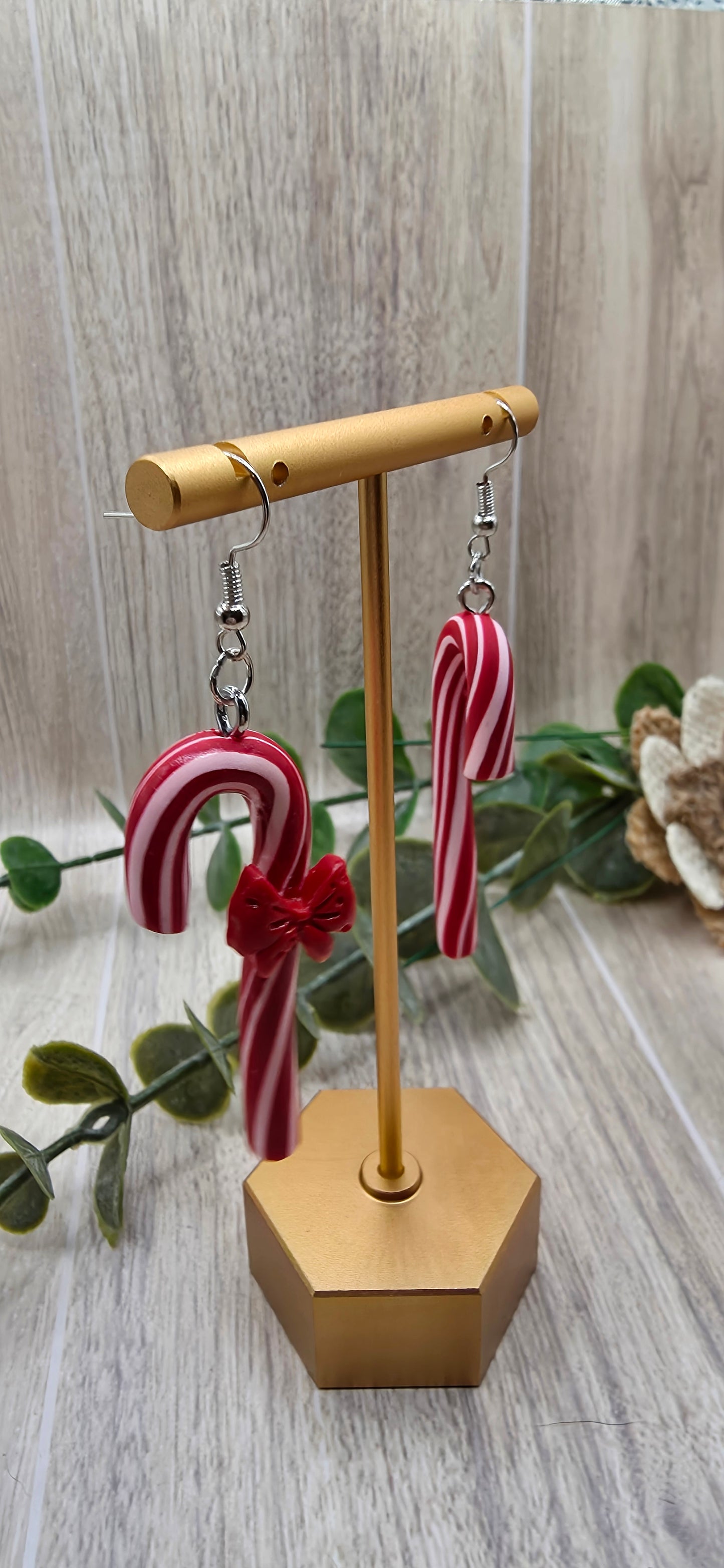 Candy Cane with Bow Christmas Dangle Earrings