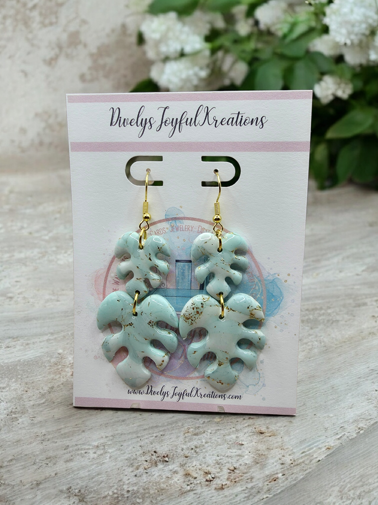 Mint & Gold Monstera Leaf Dangle Earrings