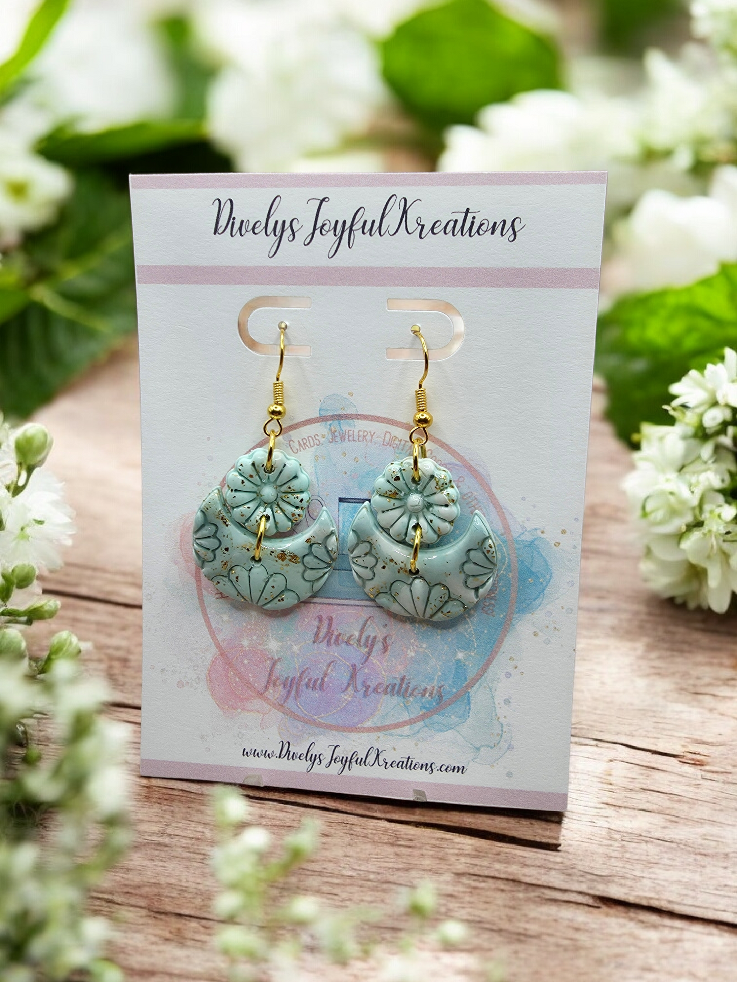 Mint & Gold Floral Imprint Dangle Earrings