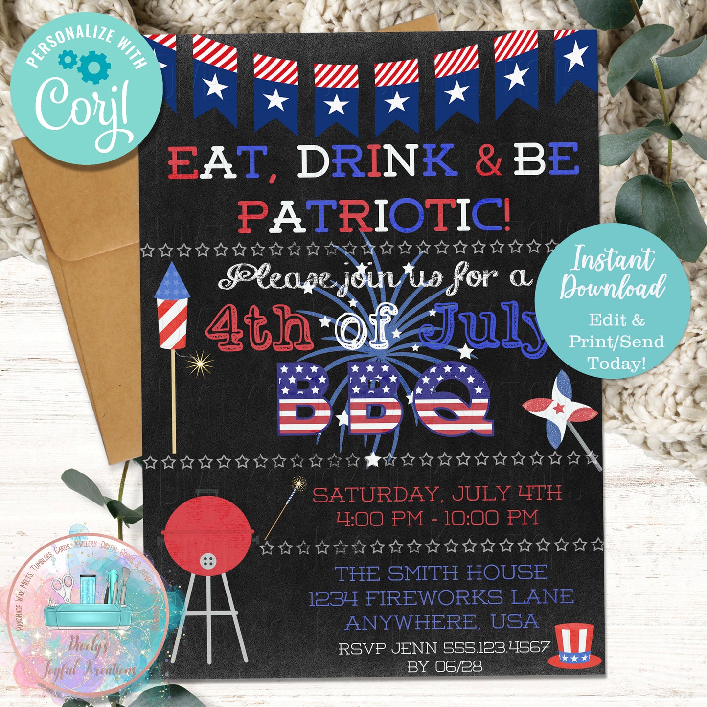 4th of July Fireworks 3 Chalkboard BBQ Invitation