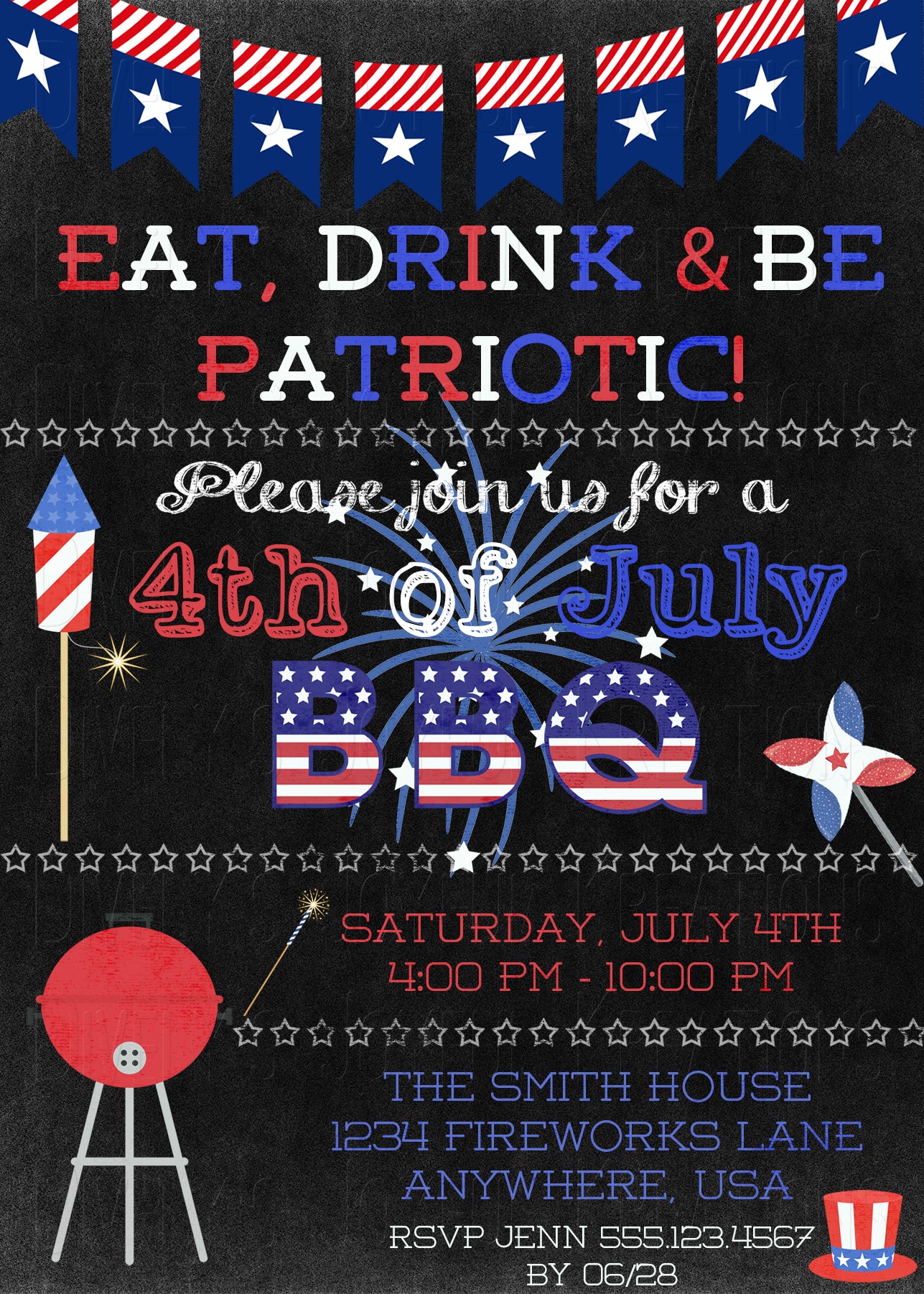 4th of July Fireworks 3 Chalkboard BBQ Invitation