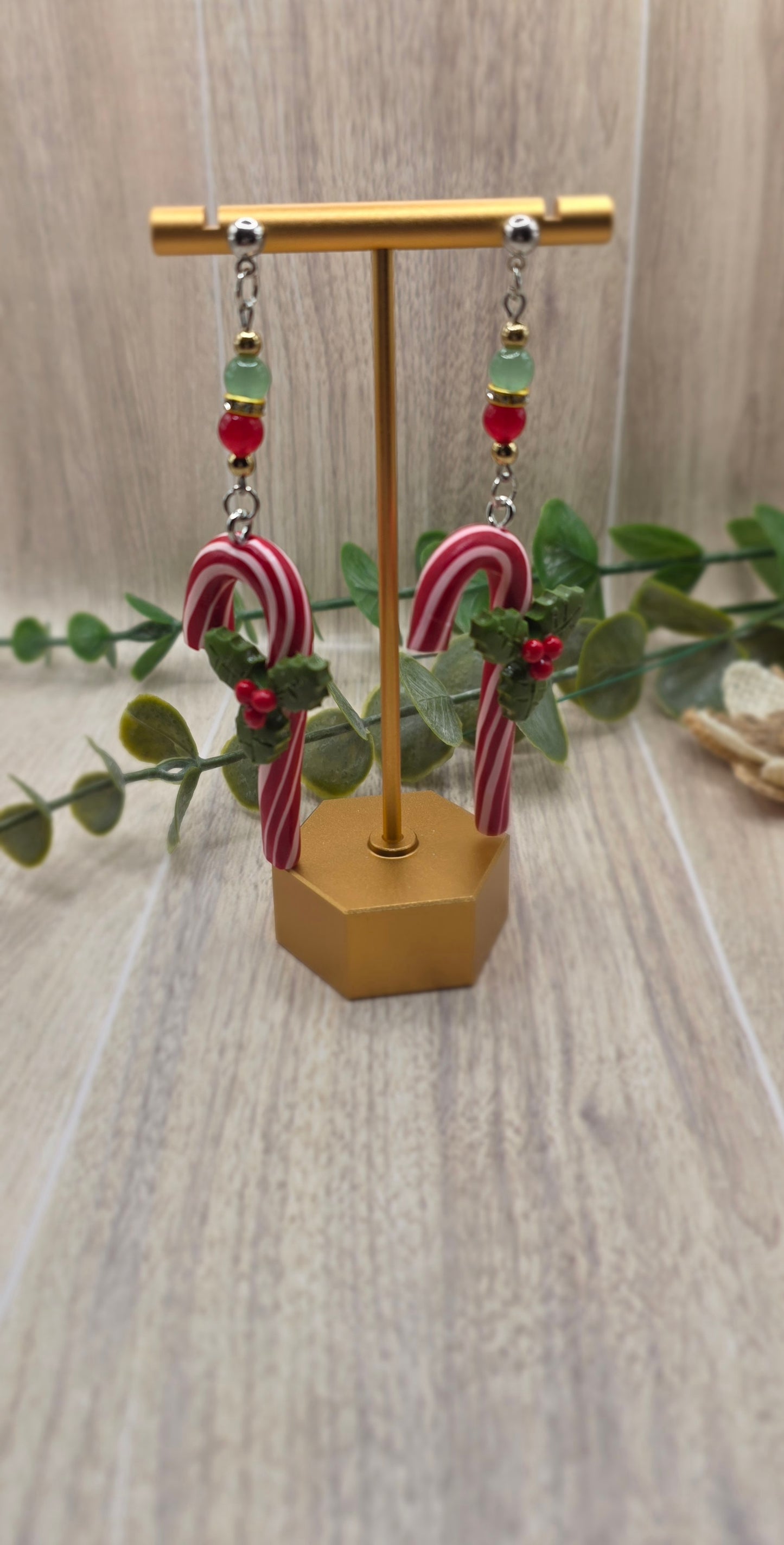 Candy Cane with Holly Christmas Dangle Earrings
