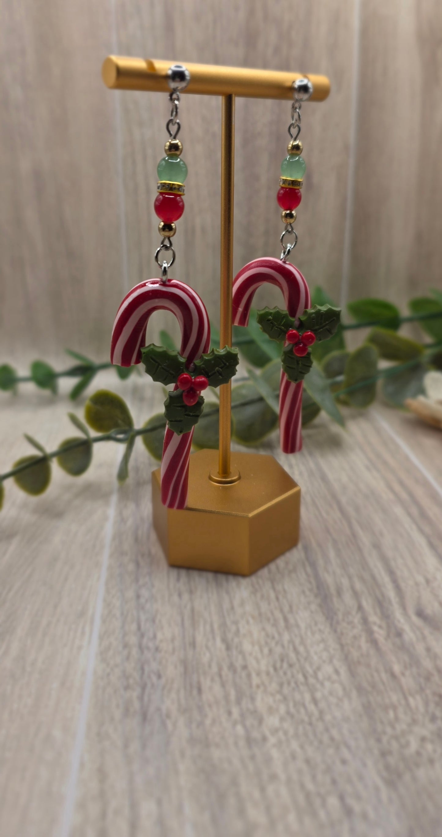 Candy Cane with Holly Christmas Dangle Earrings
