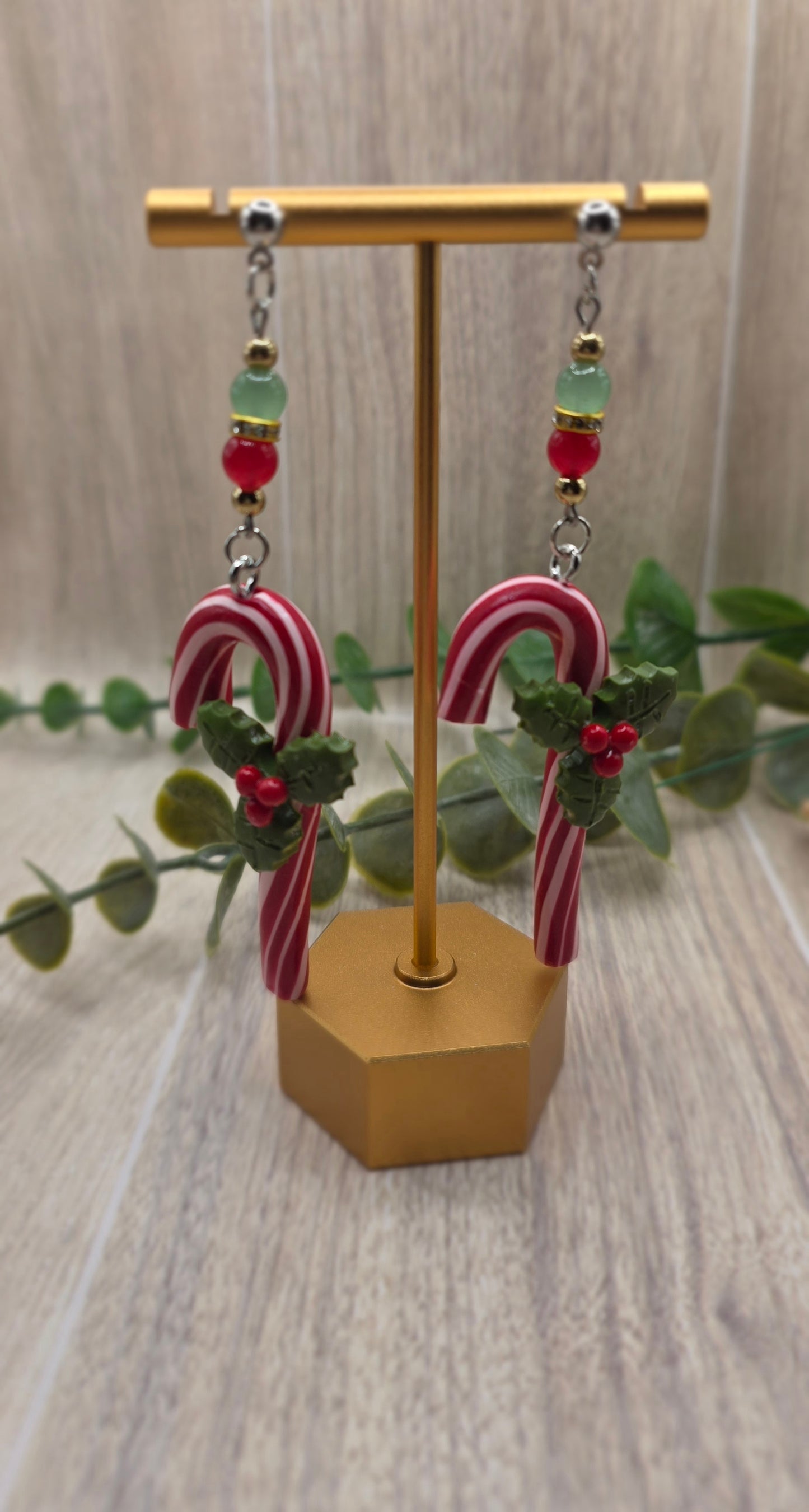 Candy Cane with Holly Christmas Dangle Earrings