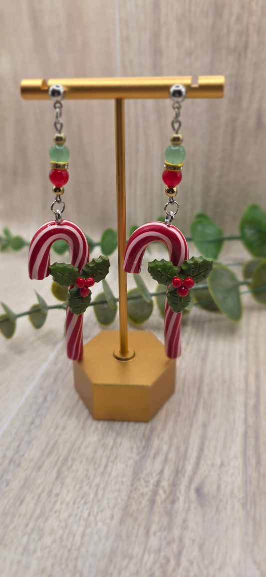 Candy Cane with Holly Christmas Dangle Earrings