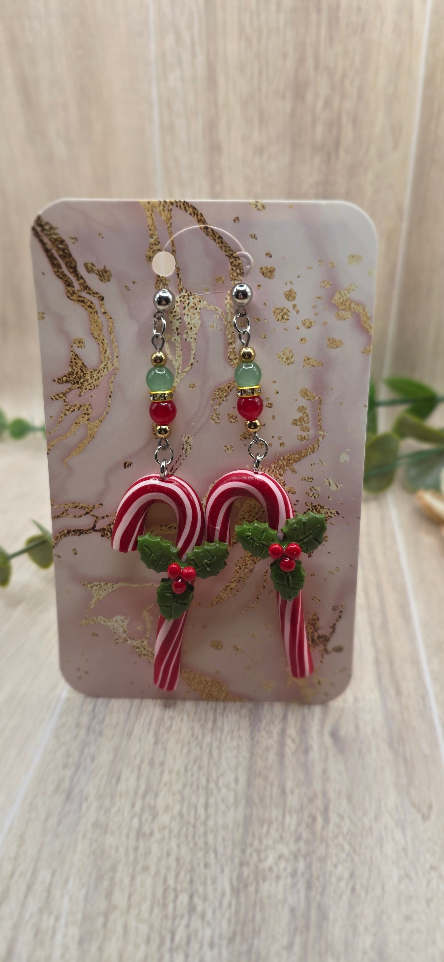 Candy Cane with Holly Christmas Dangle Earrings