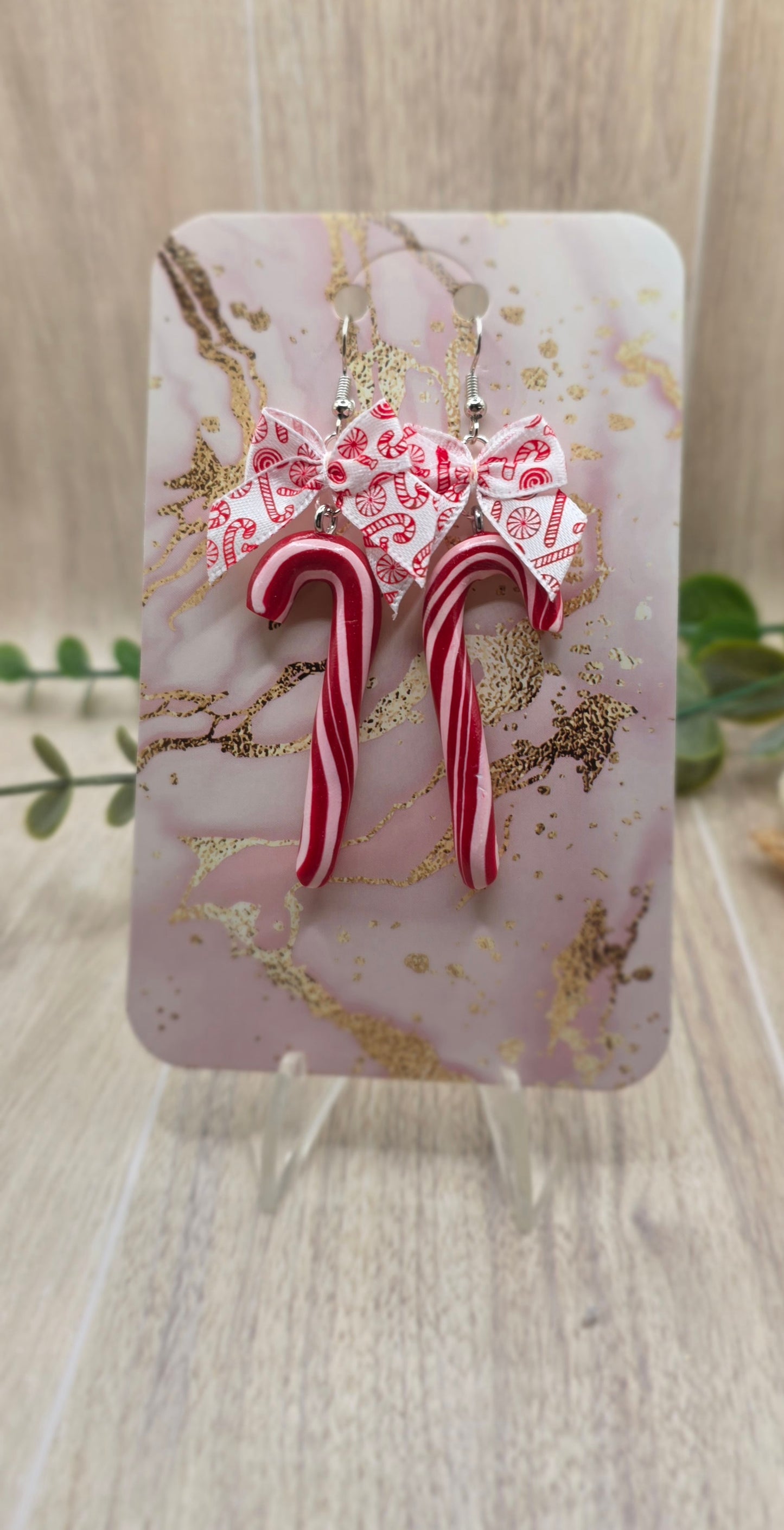 Candy Cane Bow Christmas Dangle Earrings