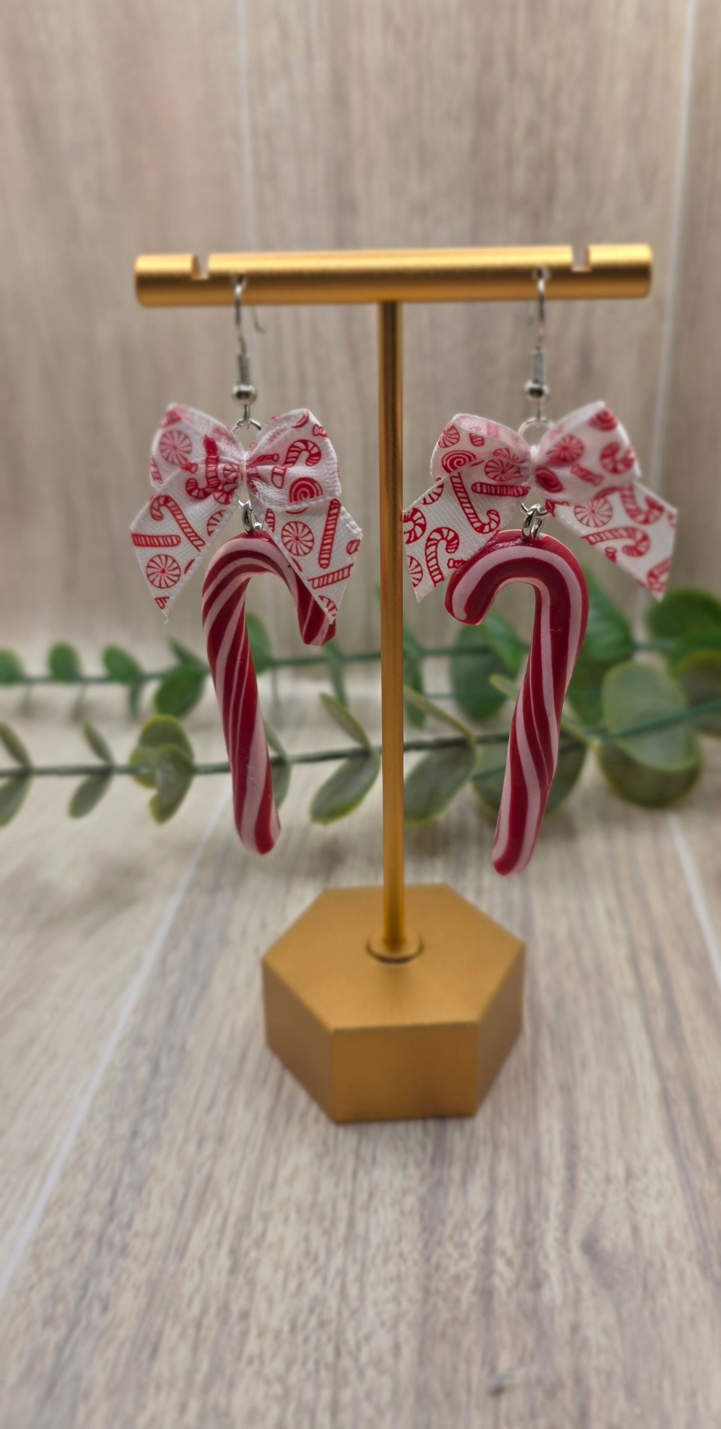 Candy Cane Bow Christmas Dangle Earrings