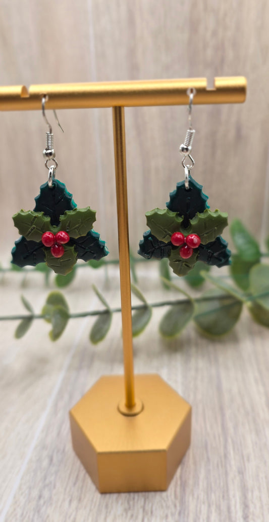 Holly Leaves & Berries Christmas Dangle Earrings