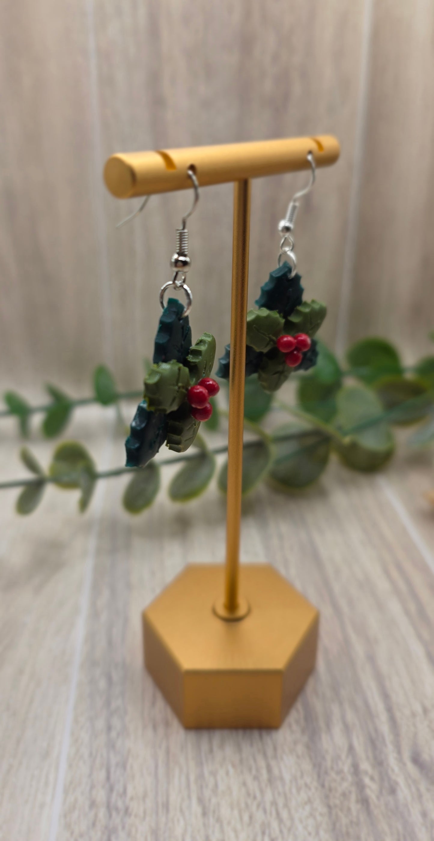 Holly Leaves & Berries Christmas Dangle Earrings