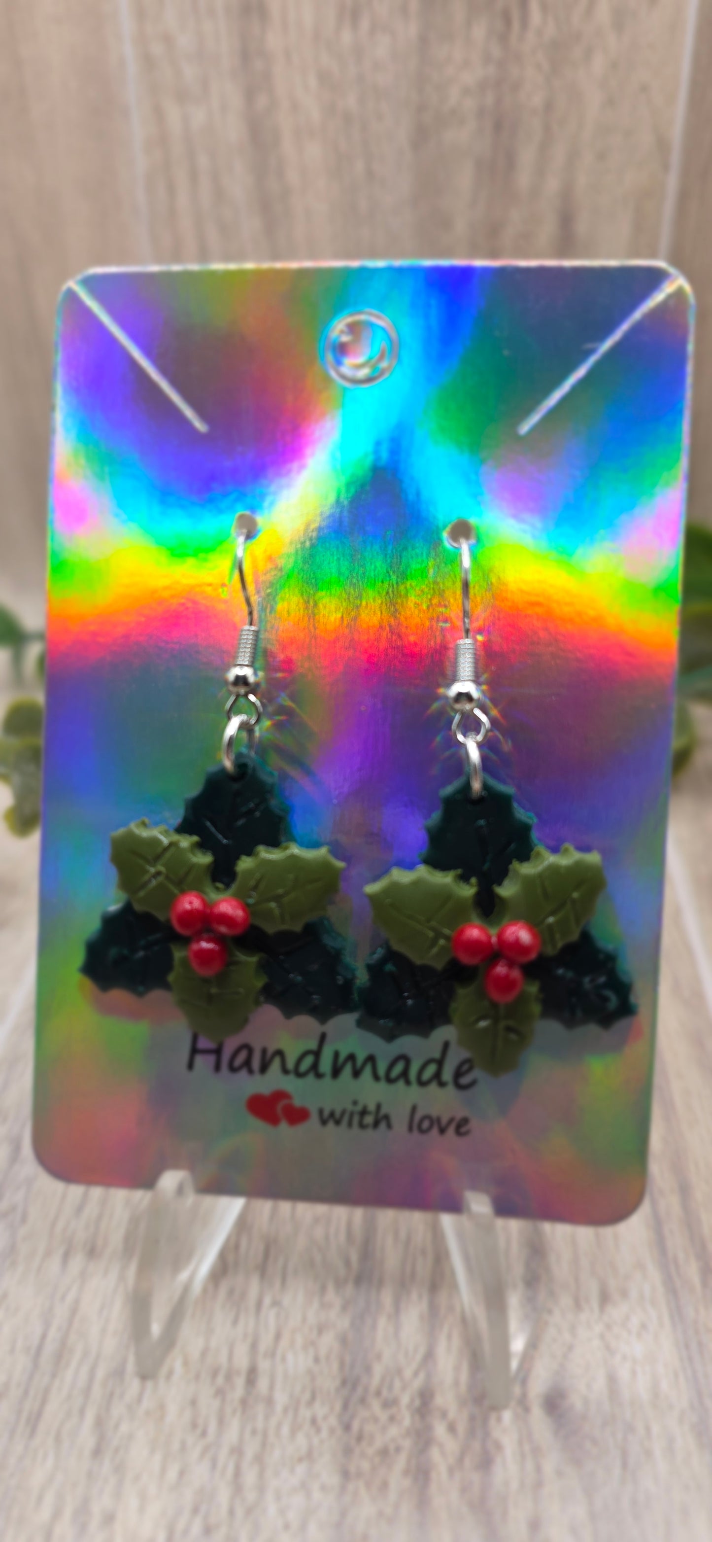 Holly Leaves & Berries Christmas Dangle Earrings