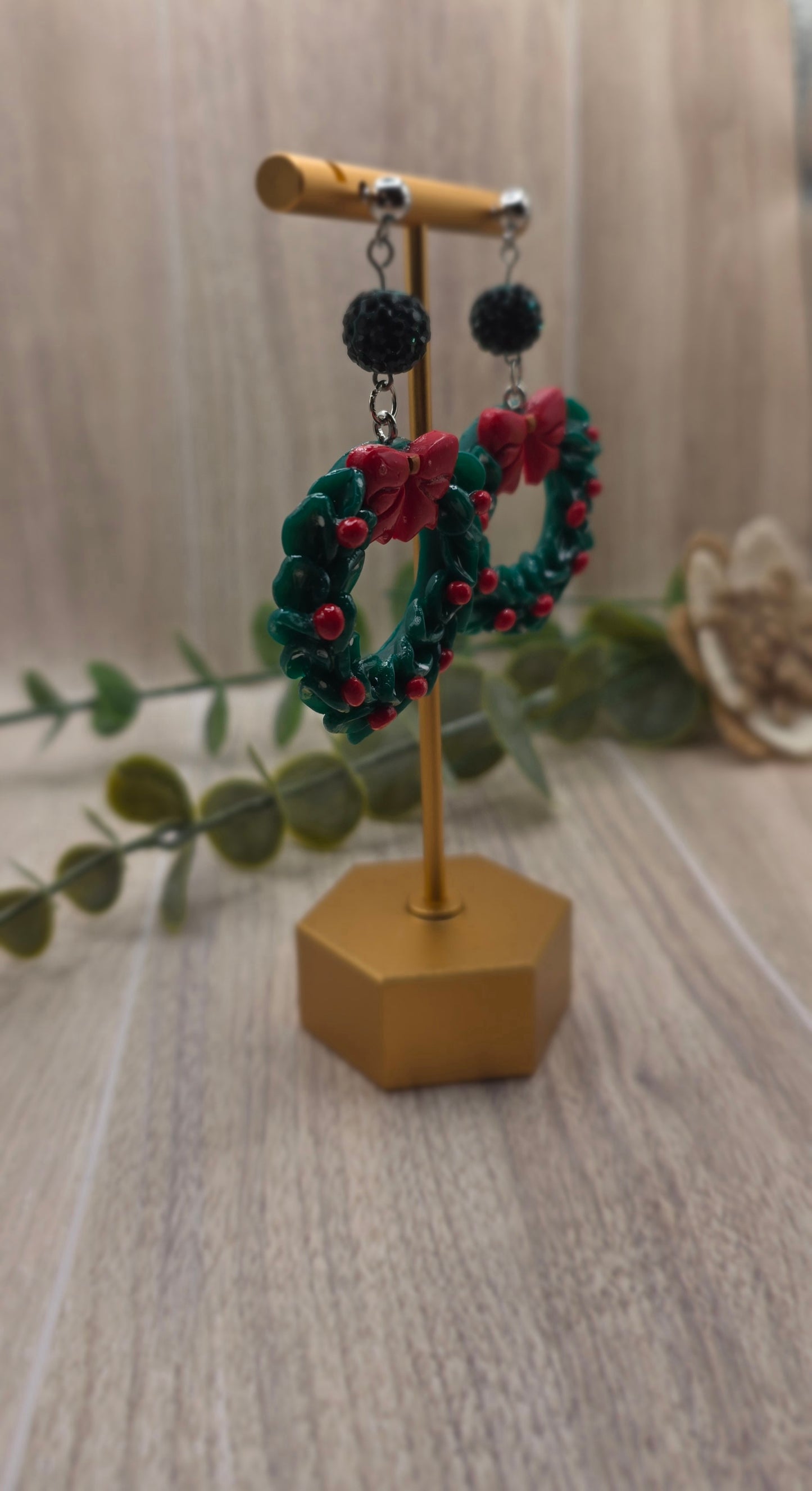 Christmas Wreath with Bow Dangle Earrings