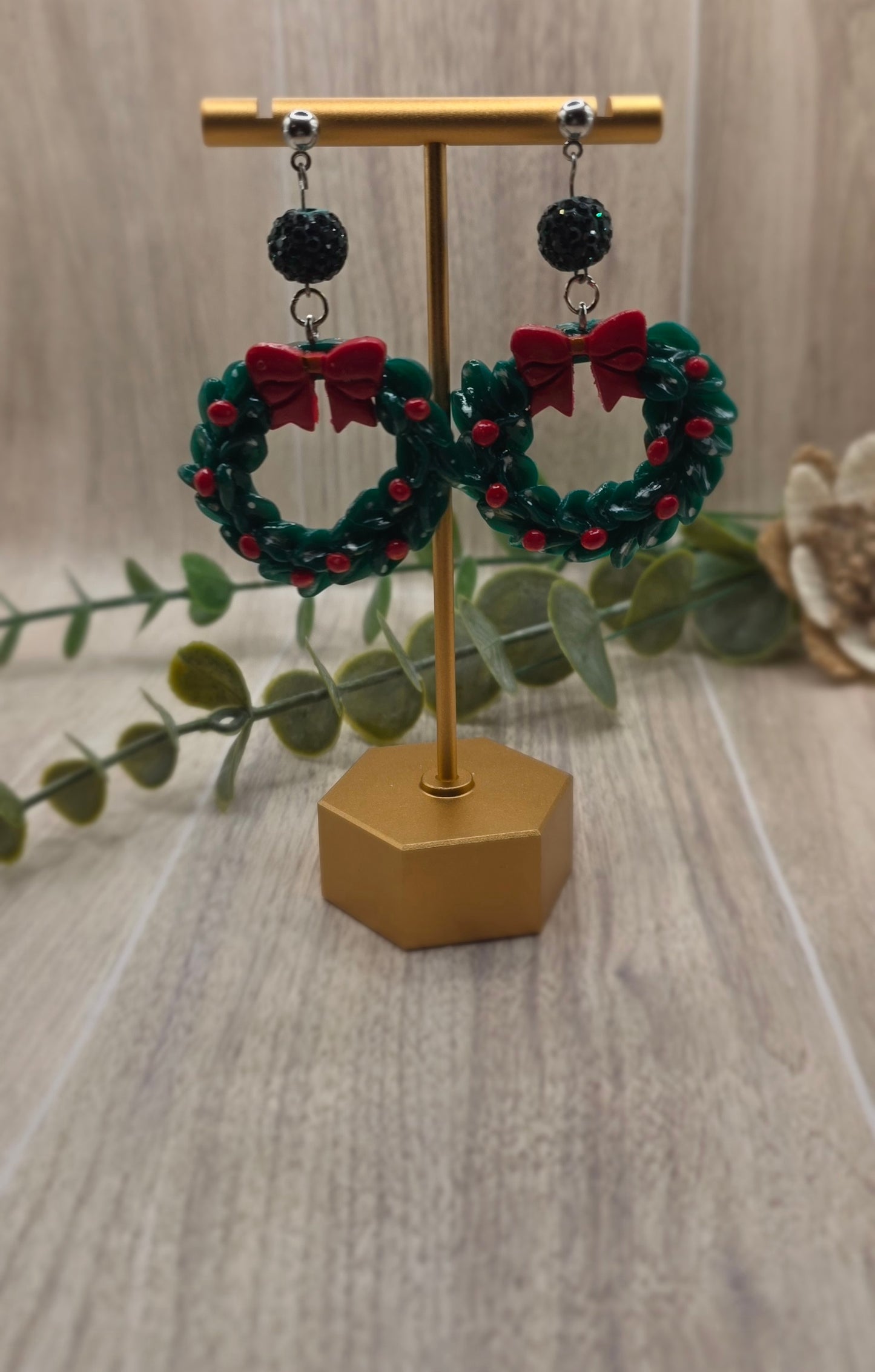 Christmas Wreath with Bow Dangle Earrings