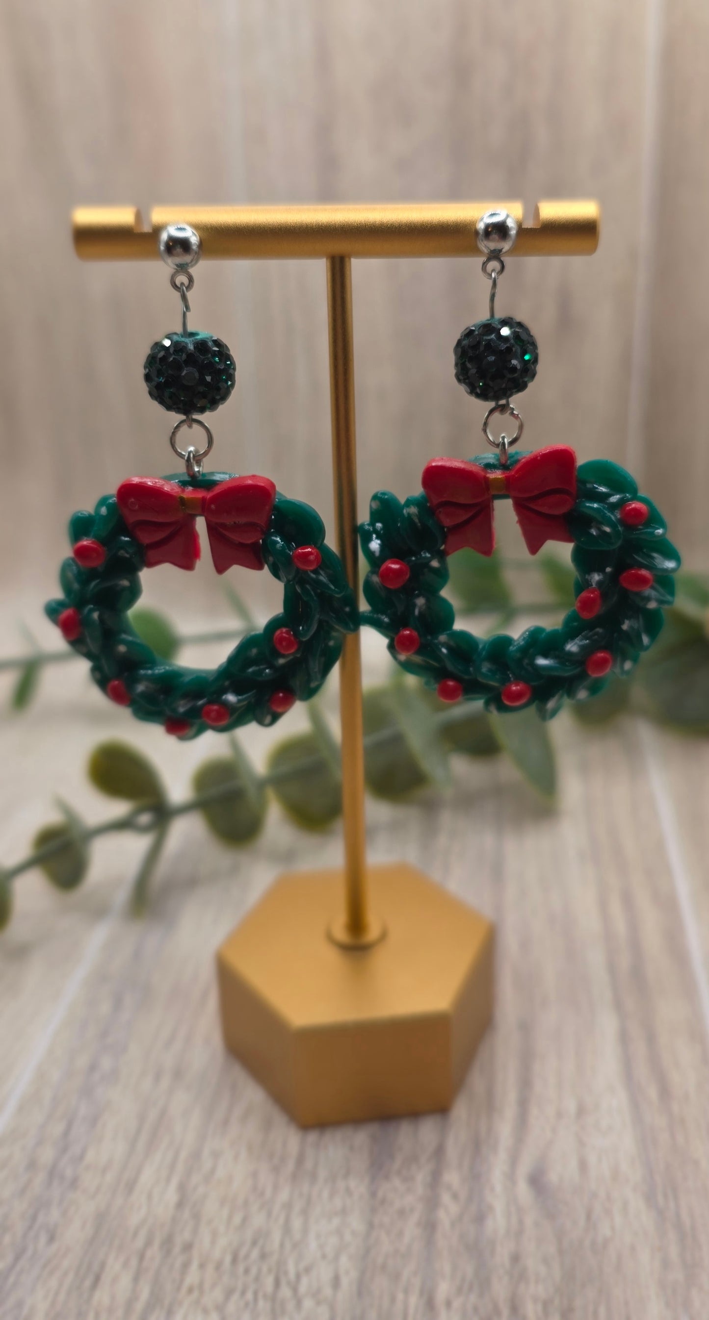 Christmas Wreath with Bow Dangle Earrings