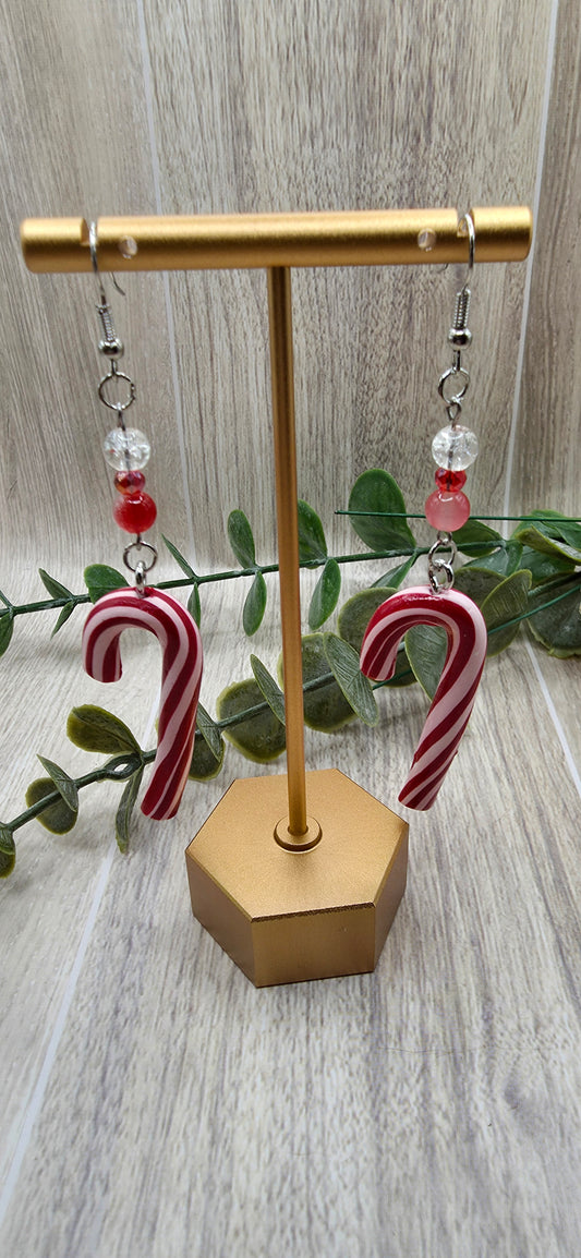 Candy Cane Beaded Christmas Dangle Earrings