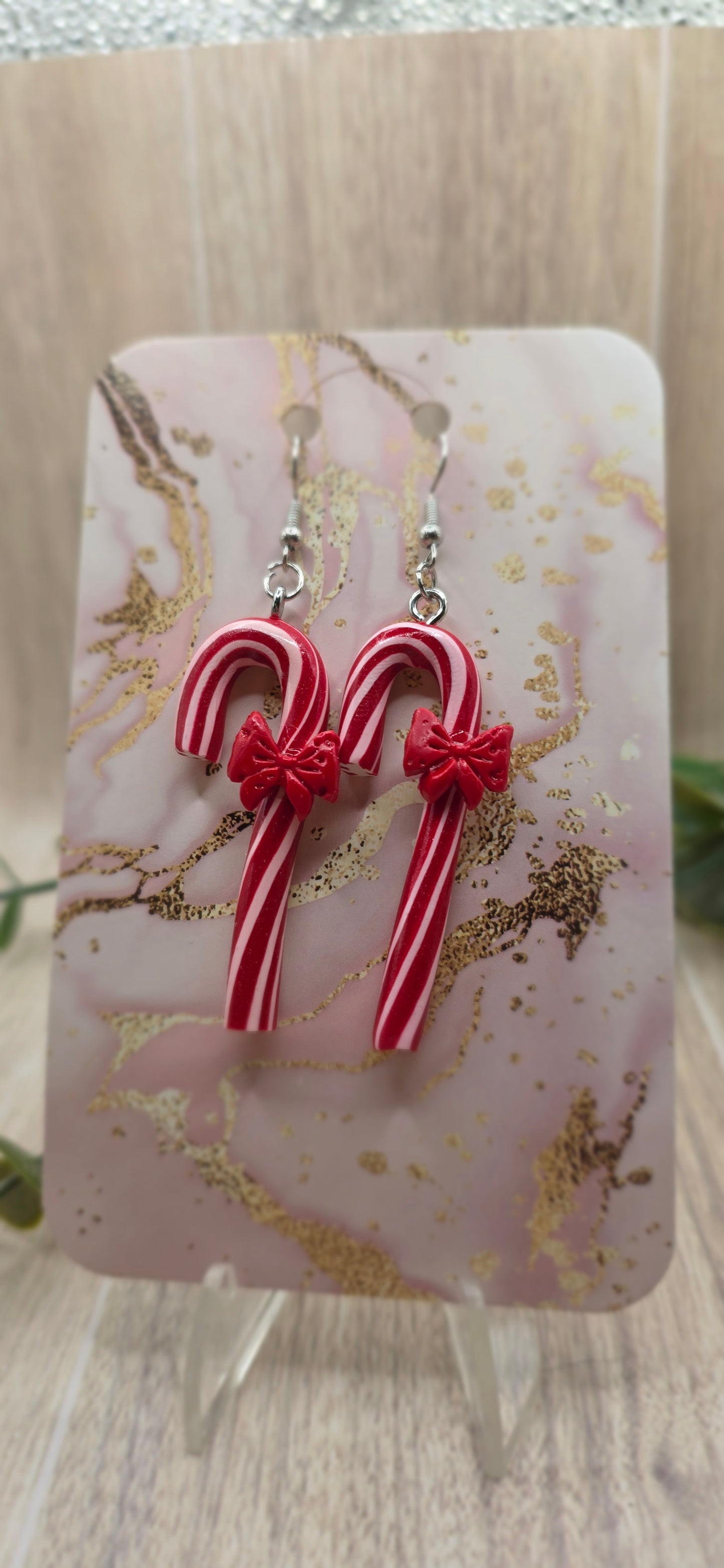 Candy Cane with Bow Christmas Dangle Earrings