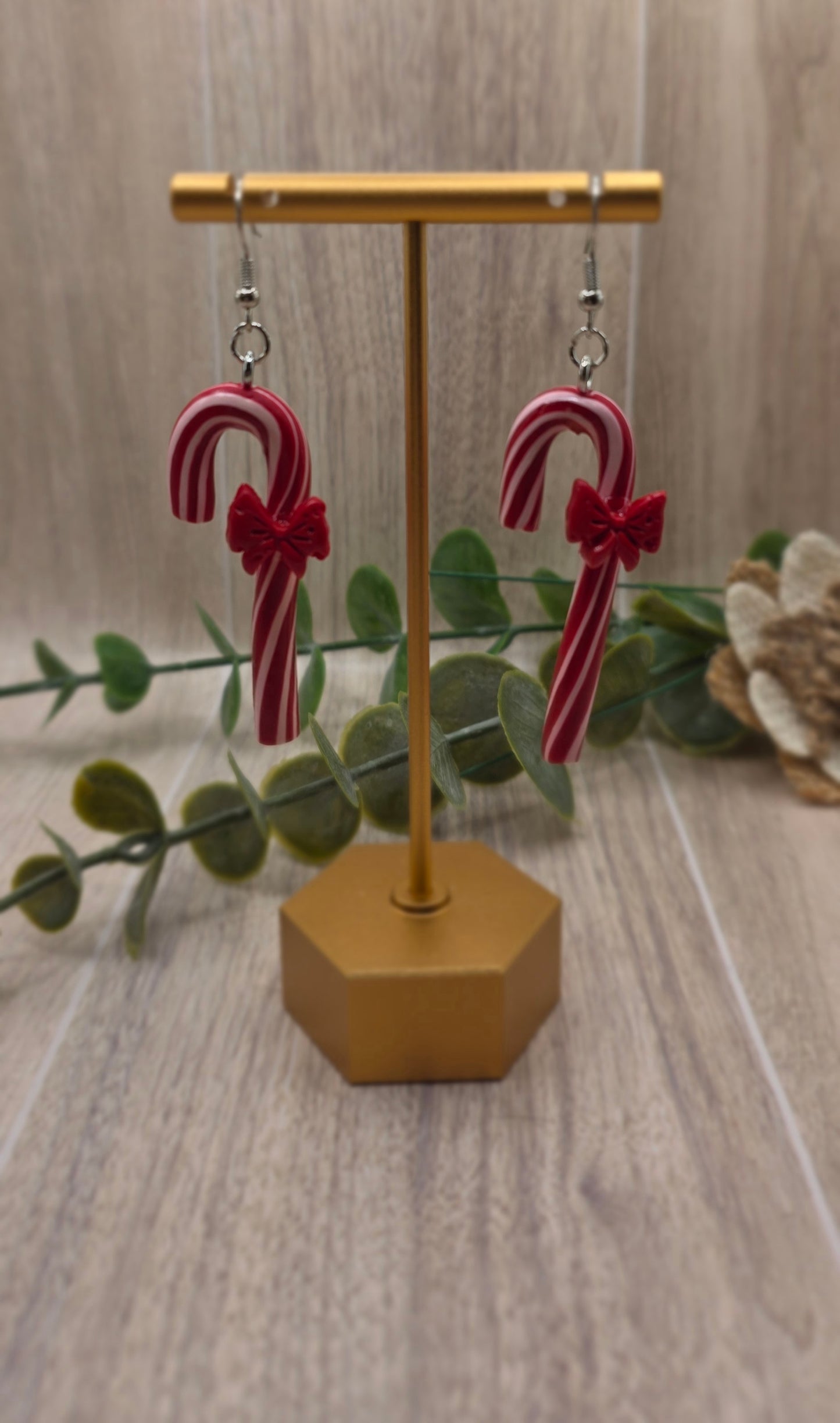 Candy Cane with Bow Christmas Dangle Earrings