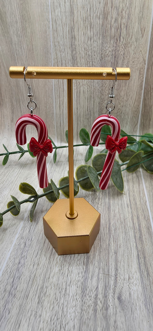 Candy Cane with Bow Christmas Dangle Earrings