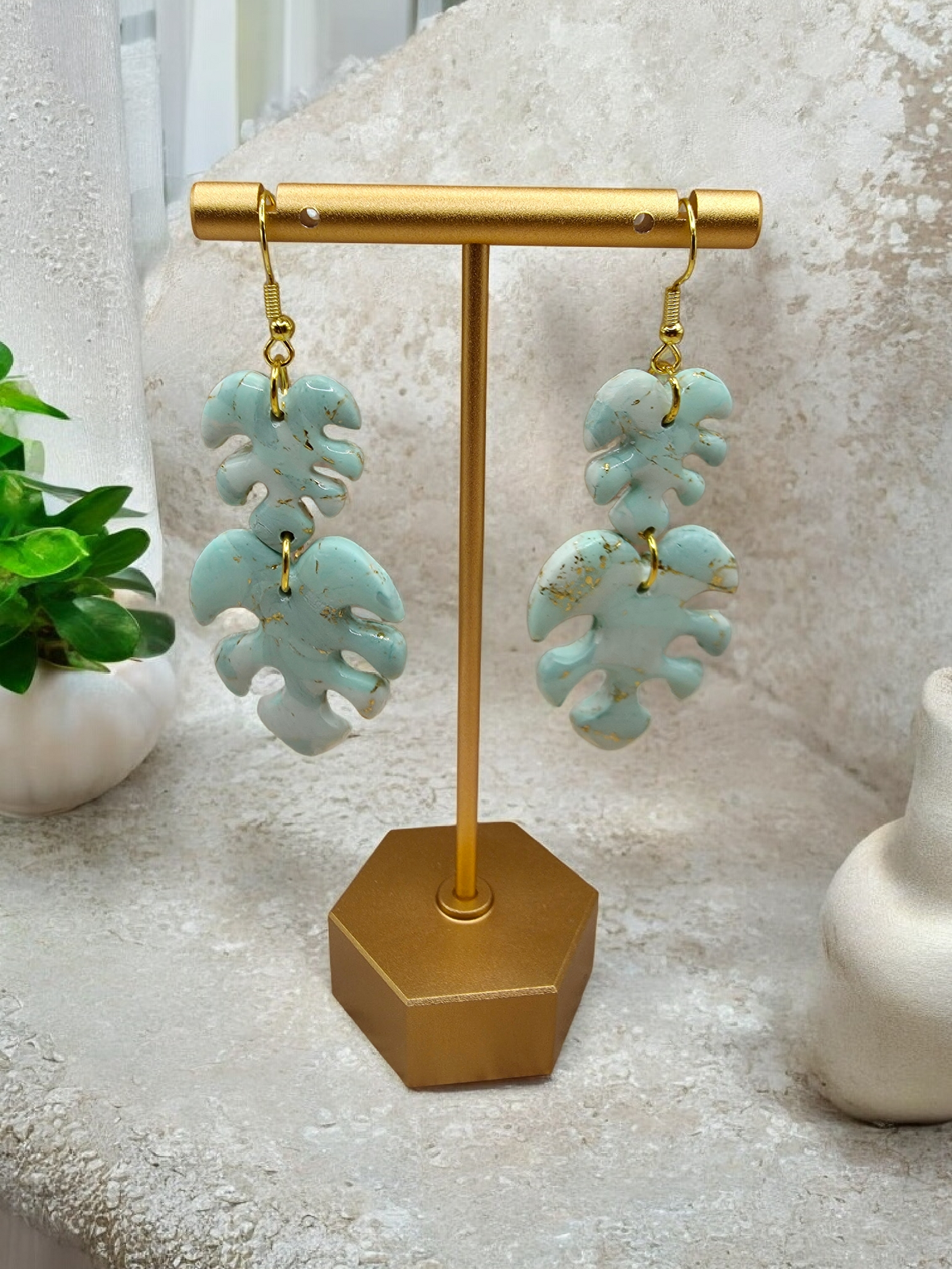 Mint & Gold Monstera Leaf Dangle Earrings