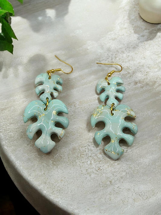 Mint & Gold Monstera Leaf Dangle Earrings