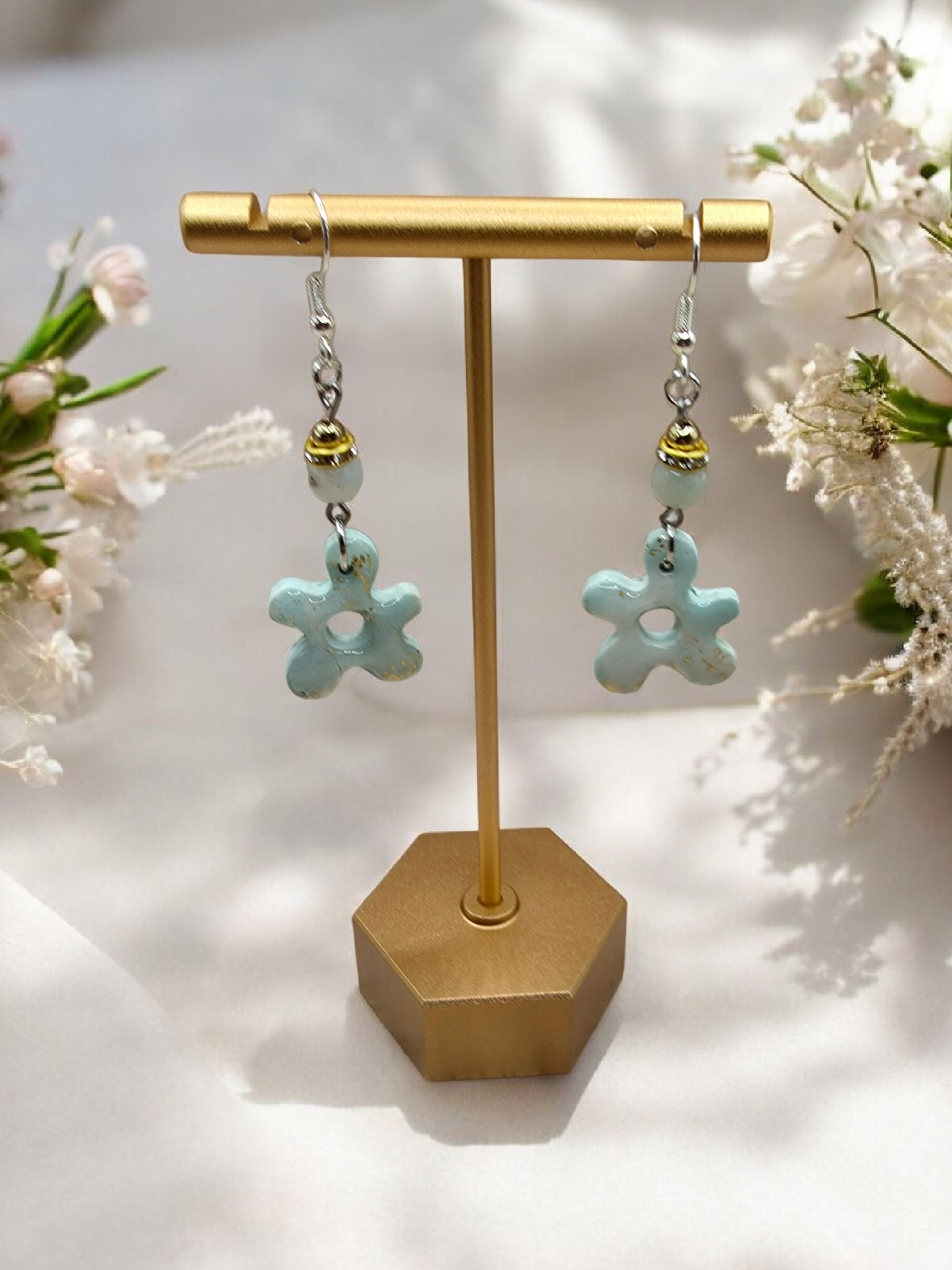 Mint & Gold Whimsical Flower Dangle Earrings
