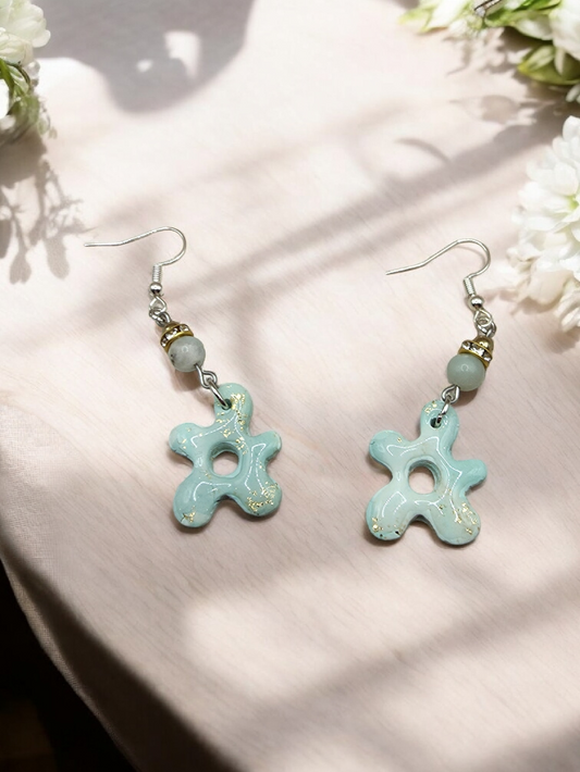 Mint & Gold Whimsical Flower Dangle Earrings