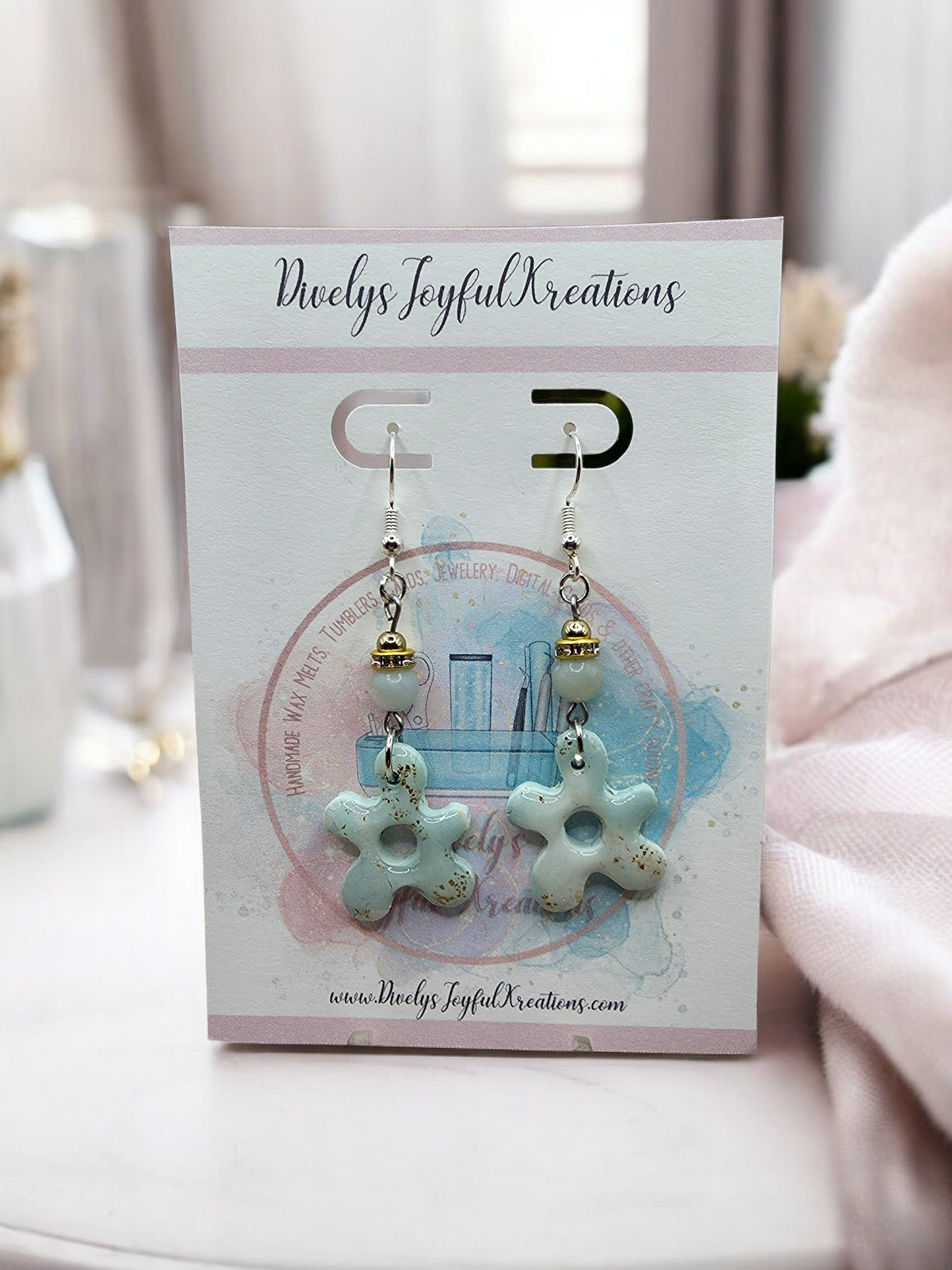 Mint & Gold Whimsical Flower Dangle Earrings