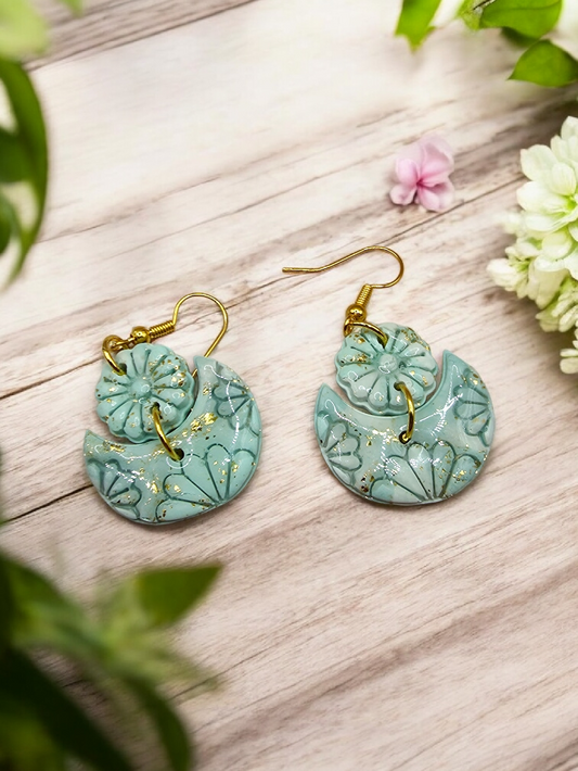 Mint & Gold Floral Imprint Dangle Earrings