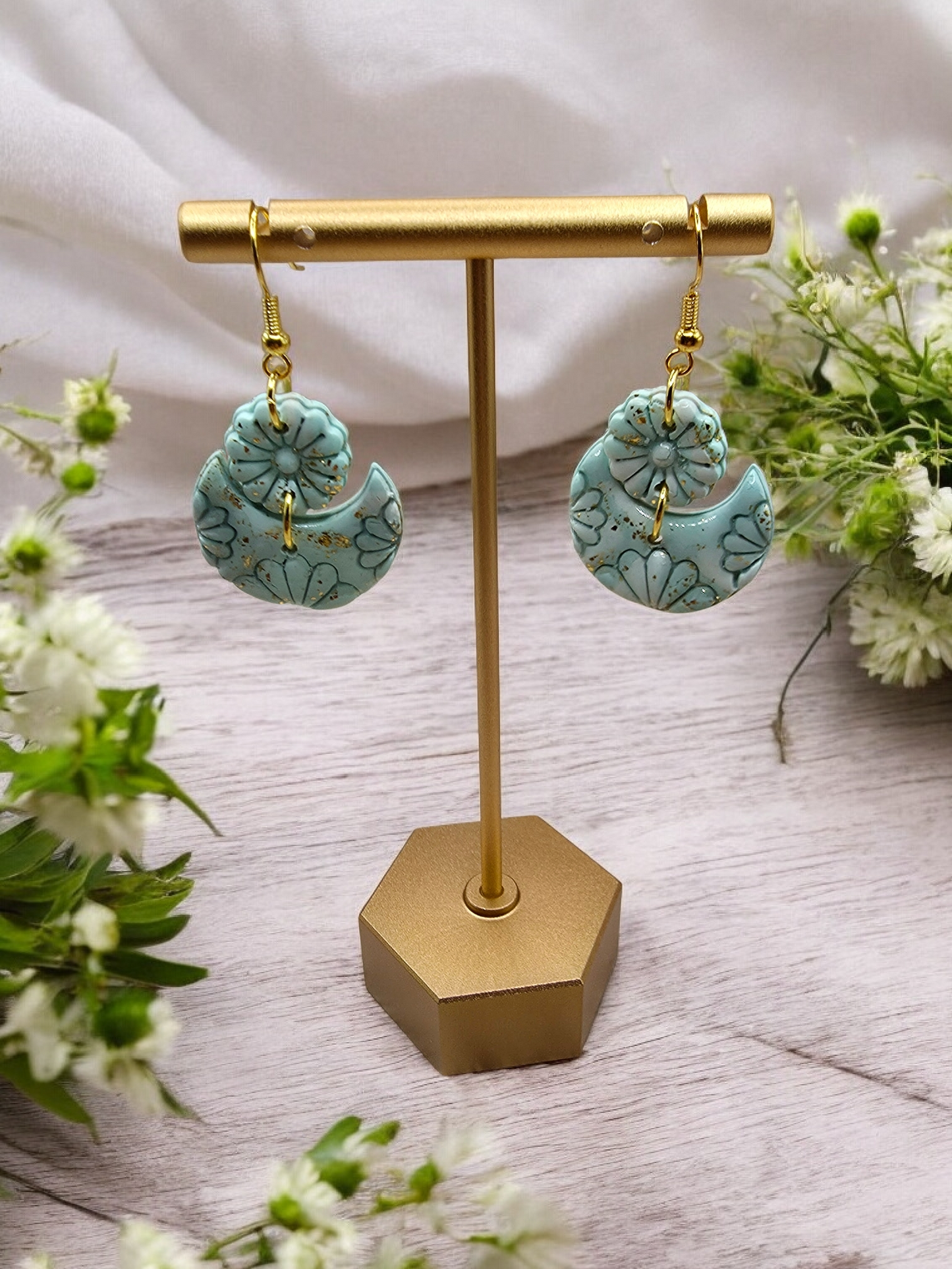 Mint & Gold Floral Imprint Dangle Earrings