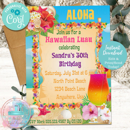 Tropical Drink Luau Birthday Invitation