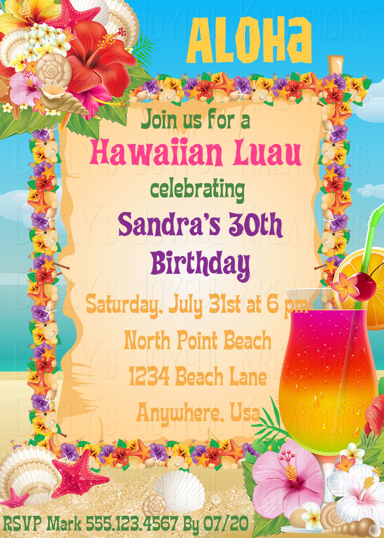 Tropical Drink Luau Birthday Invitation
