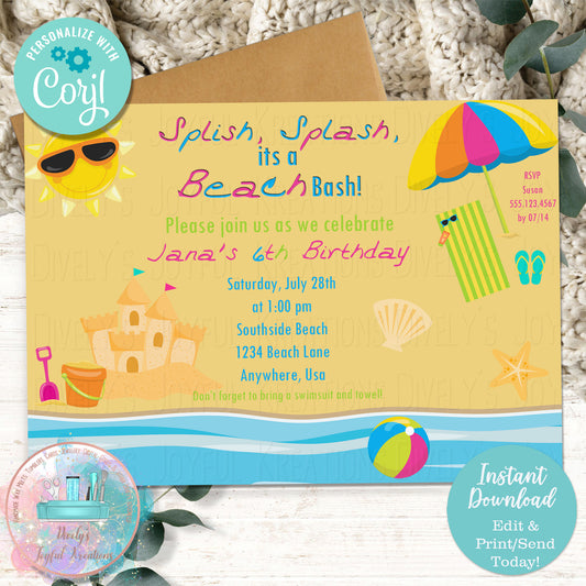 Tropical Beach Party Birthday Invitation