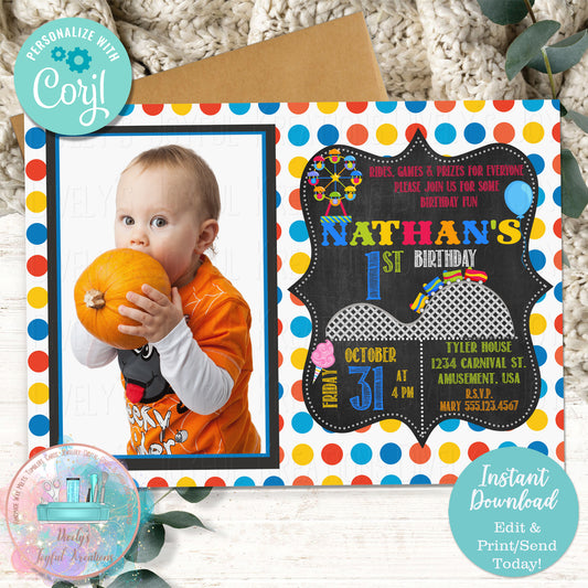 Chalkboard Carnival Photo Birthday Invitation