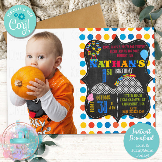 Chalkboard Carnival Full Photo Birthday Invitation