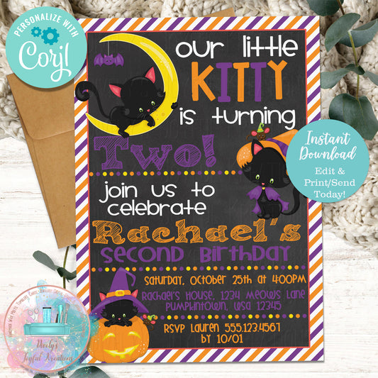 Halloween Black Cat Birthday Invitation