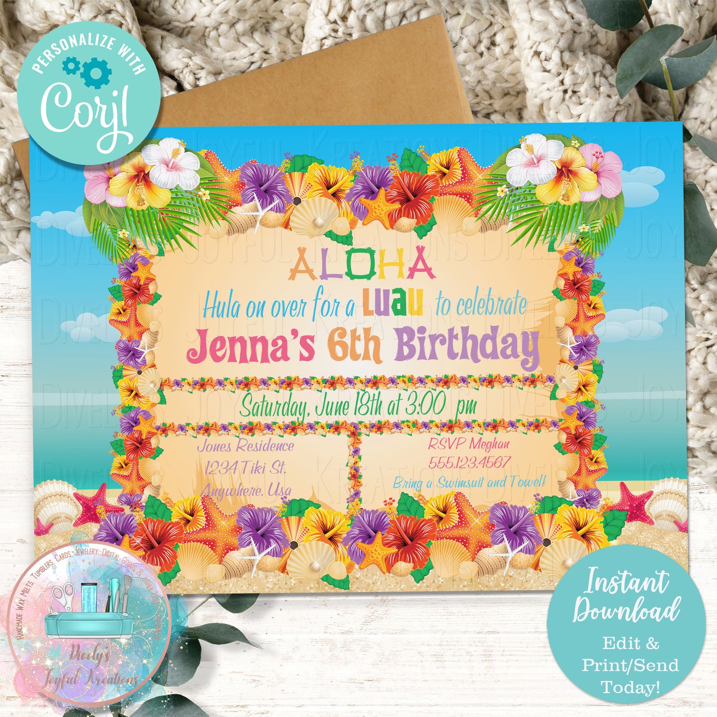 Hawaiian Flowers Beach Luau Birthday Invitation