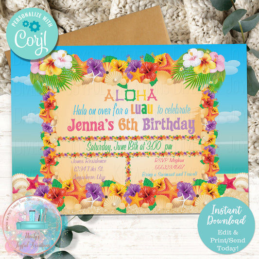 Hawaiian Flowers Beach Luau Birthday Invitation
