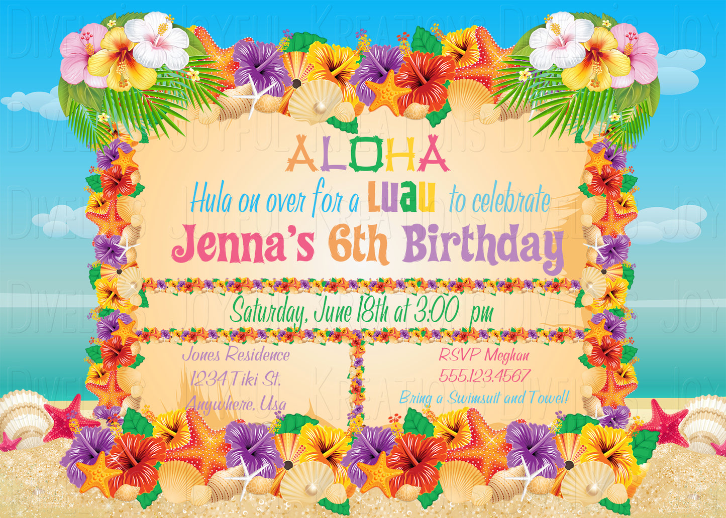 Hawaiian Flowers Beach Luau Birthday Invitation