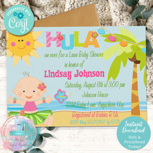 Hula Girl Luau Baby Shower Invitation