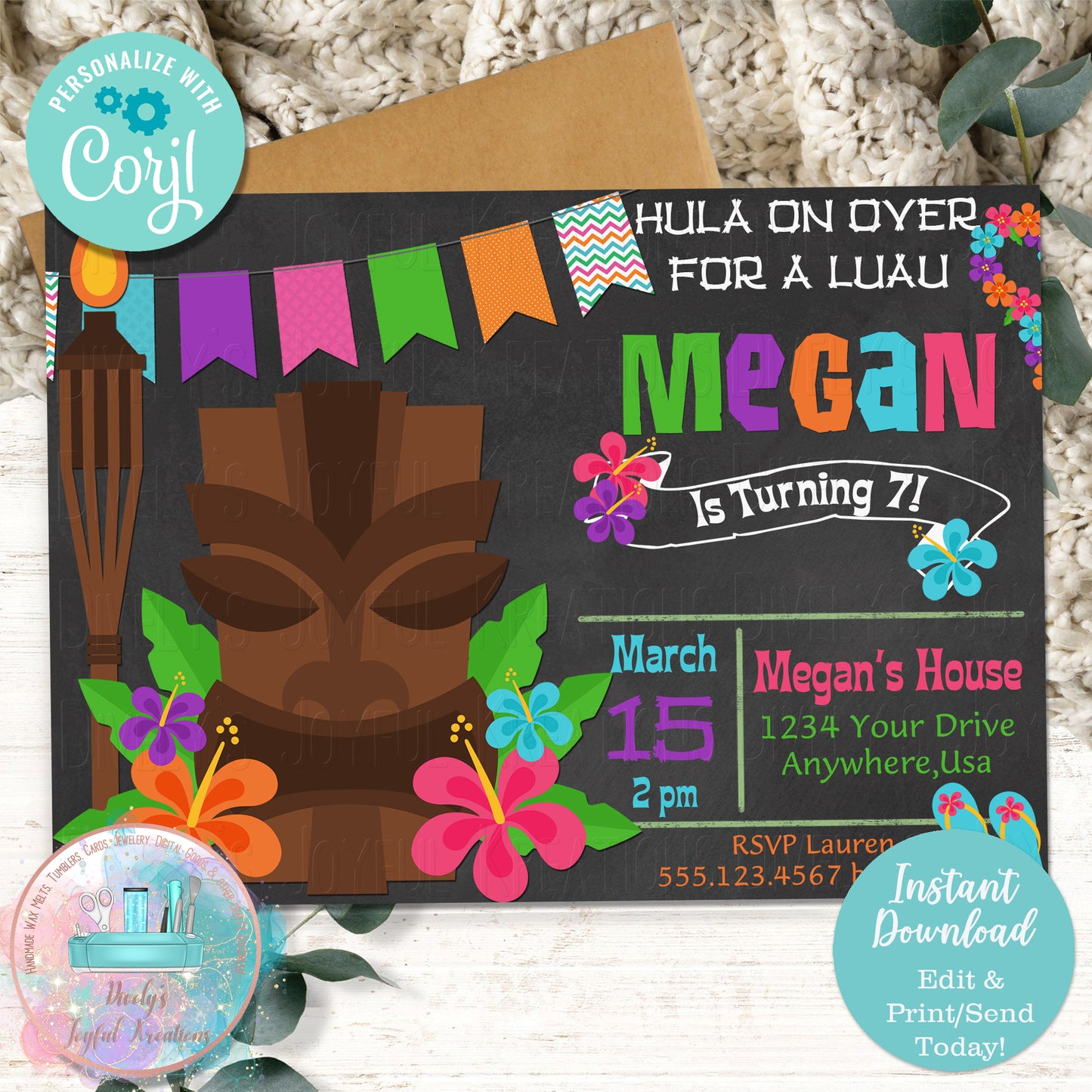 Luau Tiki Chalkboard Birthday Invitation