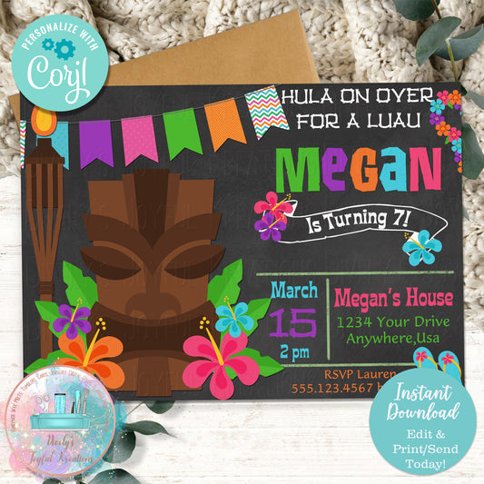 Luau Tiki Chalkboard Birthday Invitation