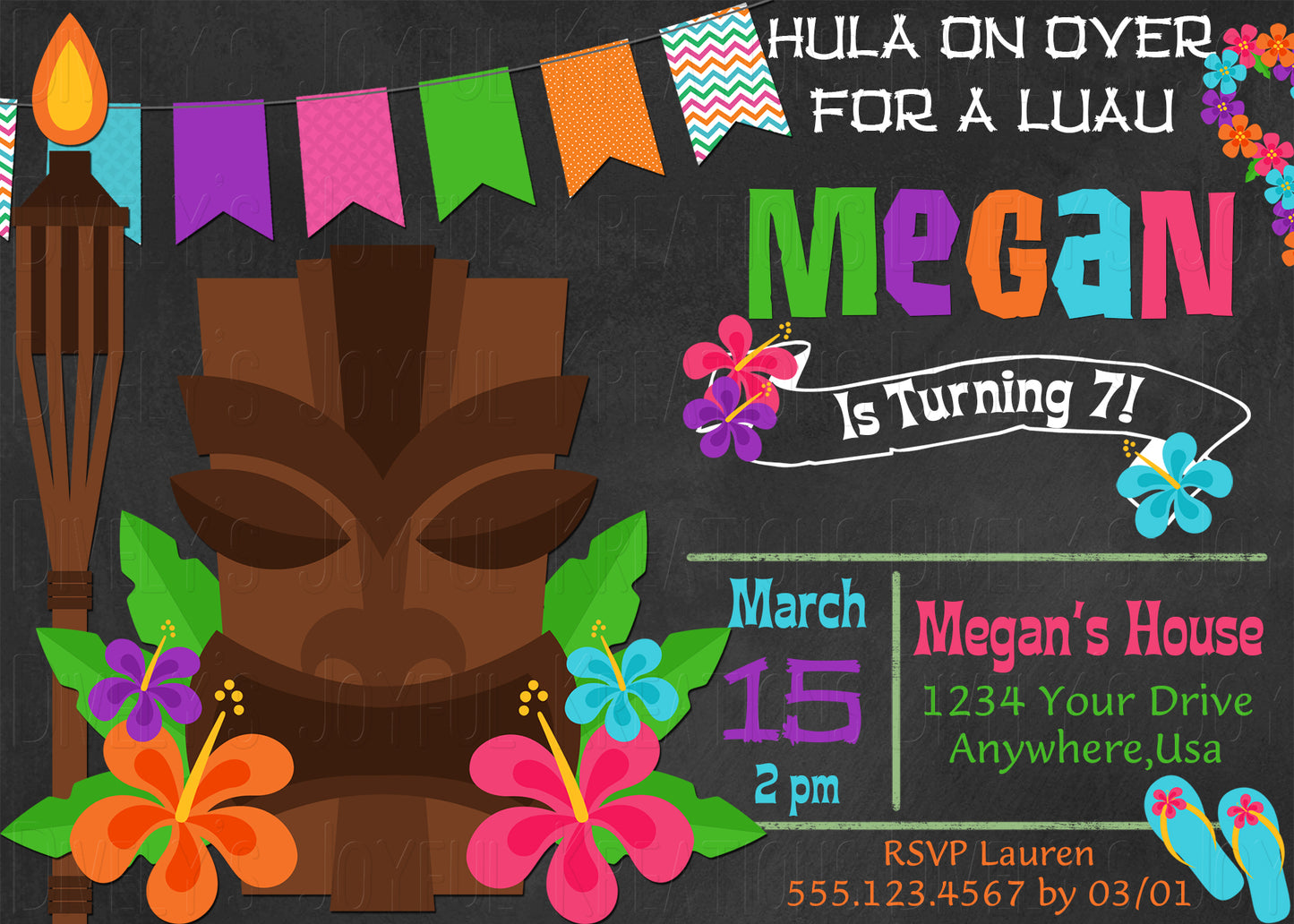 Luau Tiki Chalkboard Birthday Invitation
