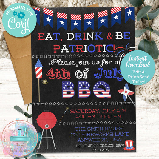 4th of July Fireworks Chalkboard BBQ Invitation