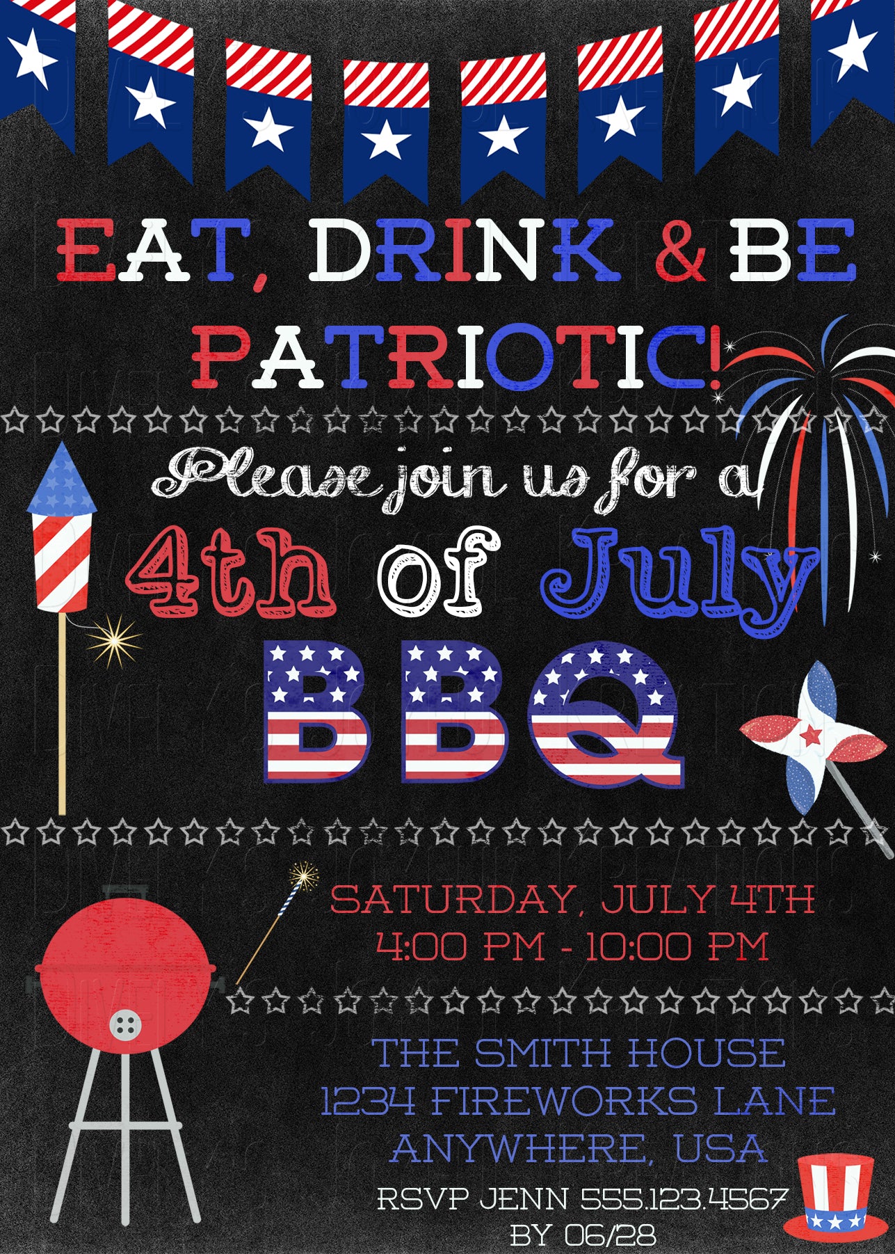 4th of July Fireworks Chalkboard BBQ Invitation