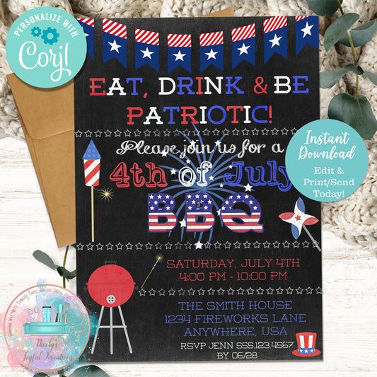 4th of July Fireworks 3 Chalkboard BBQ Invitation